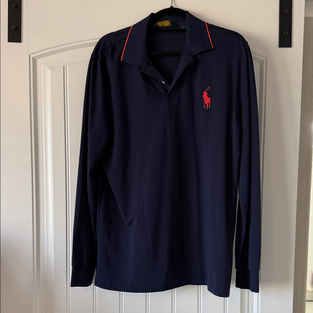 Polo by Ralph Lauren Men's Dark Blue Polo with bright orange Accents